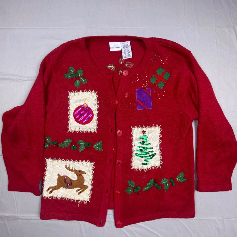 Bobbie Brooks Womens Red Christmas Cardigan Sweater Reindeer Tree Beads L 12/14